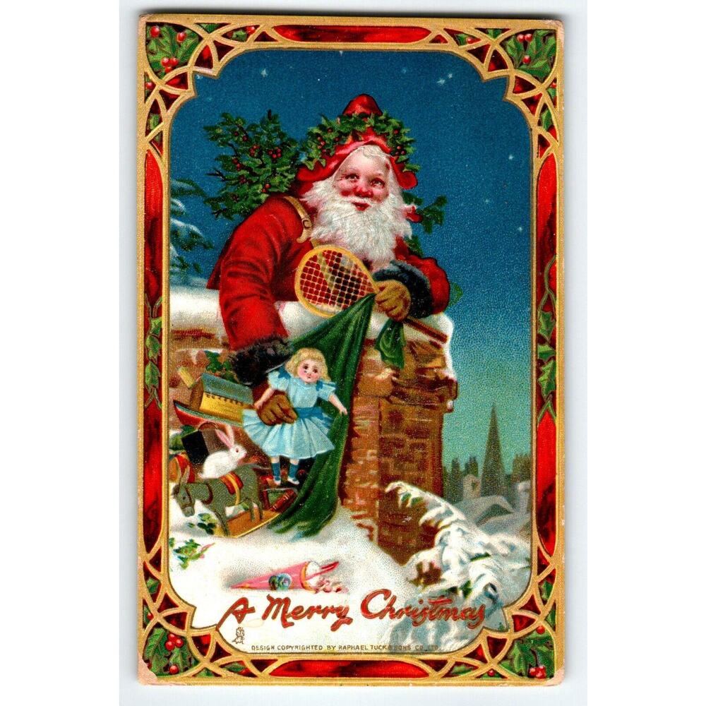 Santa Claus Tennis Racket Toy Doll Raphael Tuck Christmas Postcard Bowley 512